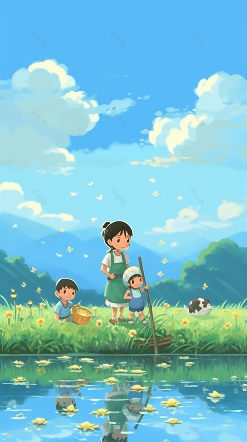小清新儿童节三人唯美动漫风格大自然水面倒影插画,插画/手绘图,插画/手绘图库,插画/手绘图下载,插画/手绘
